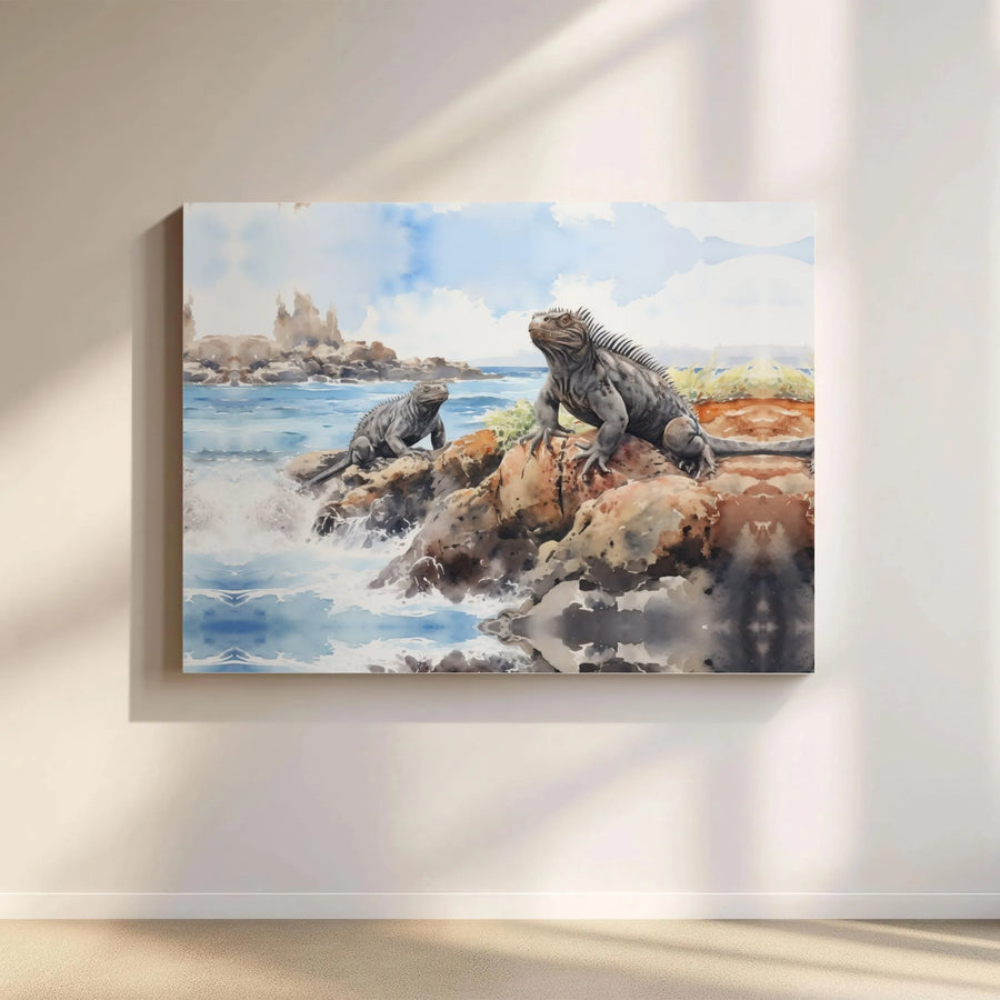 Galapagos Marine Iguanas Canvas Print | Watercolor Coastal Wildlife Art | Gallery Quality Premium Wall Decor | Nature Lover Gift