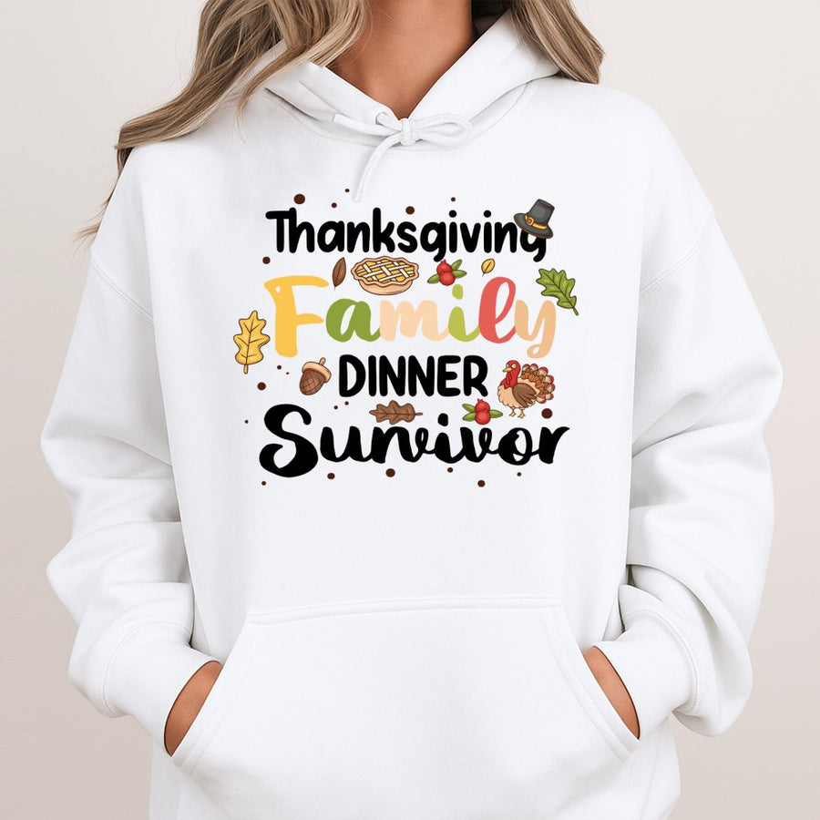 Thanksgiving Family Dinner Survivor Hoodie | Funny Turkey Day Graphic Sweatshirt | Premium Cotton-Poly Blend | Cozy Holiday Gift for Family Members