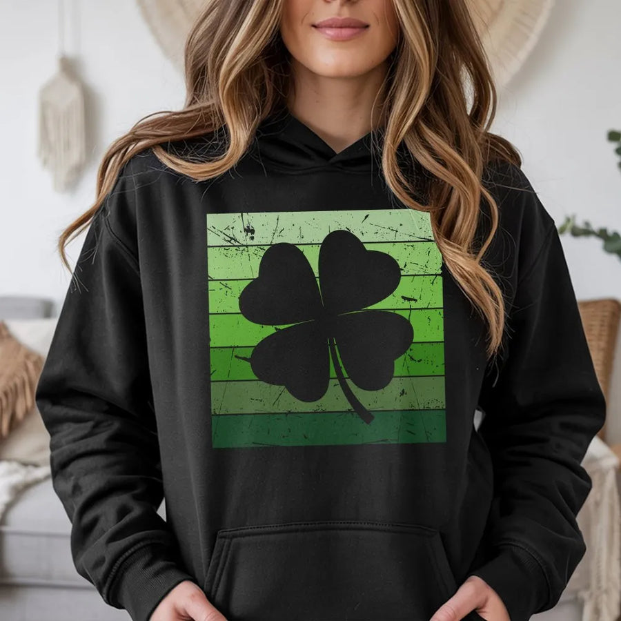 Four Leaf Clover Hoodie | Vintage Distressed Shamrock Design | Premium Cotton Blend | St Patricks Day Gift For Men And Women