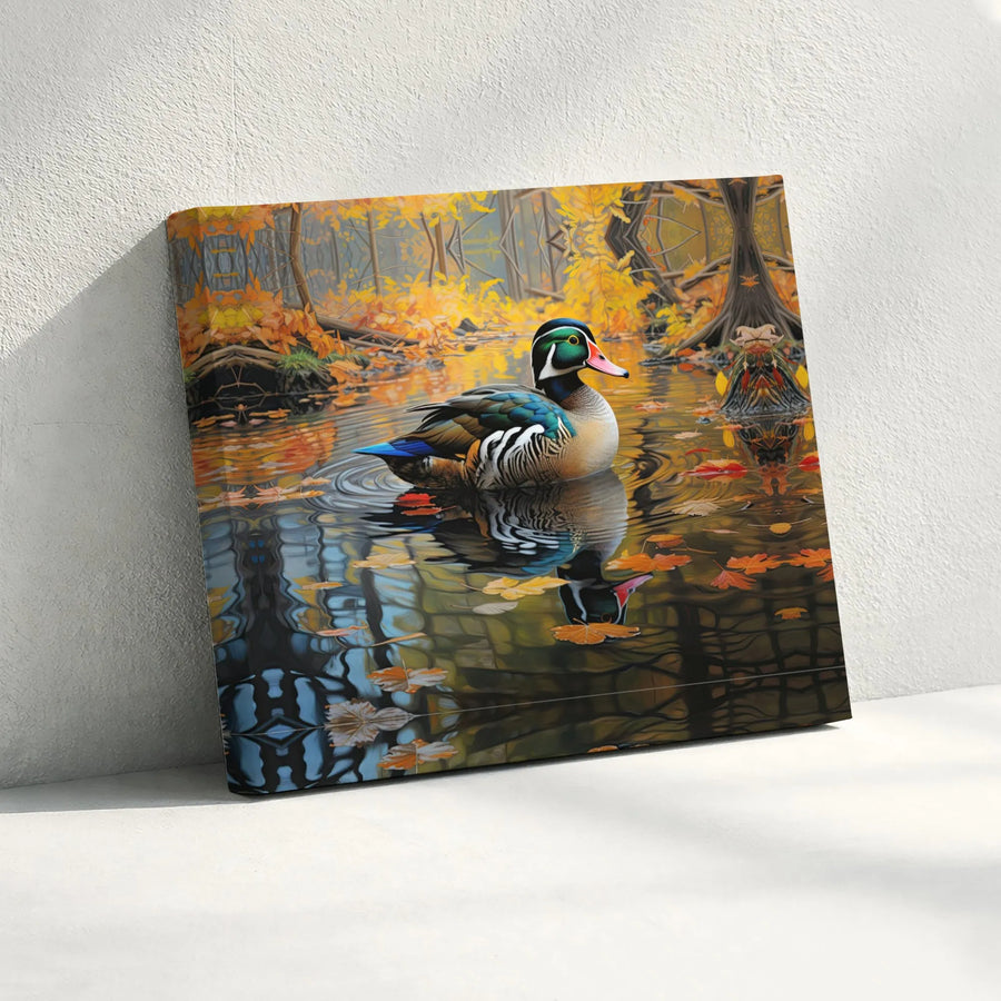Wood Duck Canvas Wall Art | Autumn Pond Nature Landscape Print | Premium 1.25-Inch Gallery Wrap | Wildlife Decor for Hunters and Cabin Enthusiasts