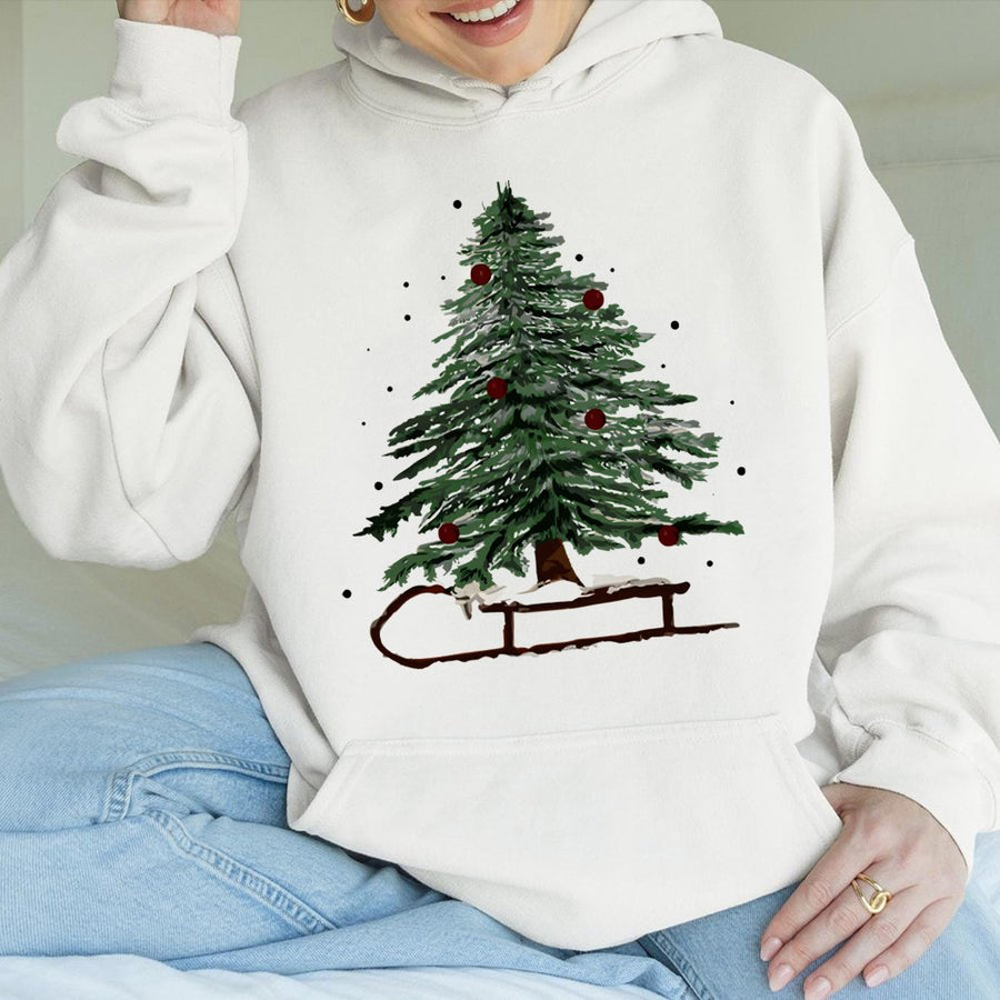 Christmas Tree Hoodie | Watercolor Winter Sled Graphic | Premium Cotton Blend | Cozy Holiday Gift for Women and Men