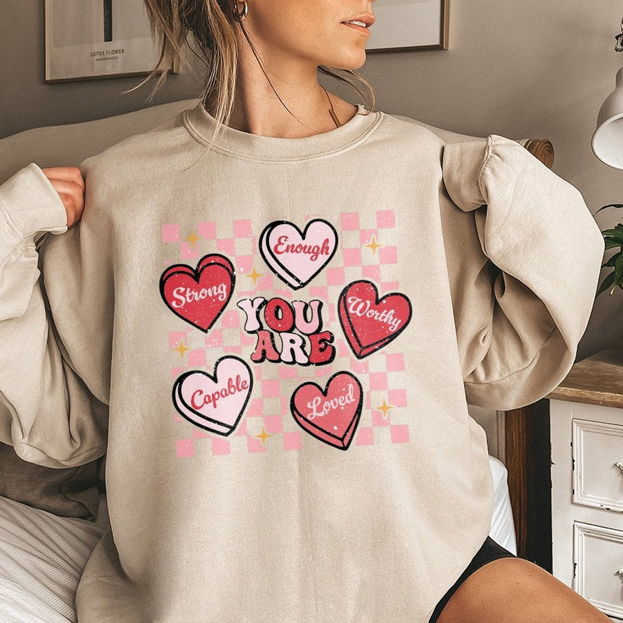 You Are Enough Affirmation Sweatshirt | Retro Checkerboard Heart Graphic | Premium Cotton Blend | Inspirational Valentine's Day Gift for Her