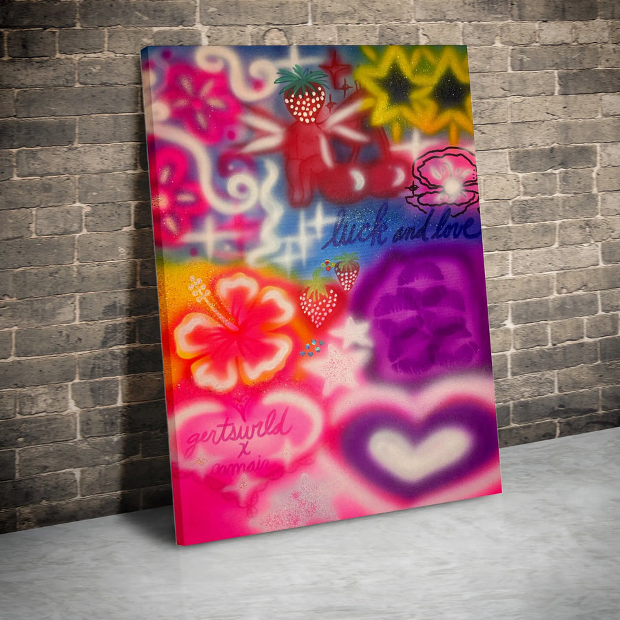 Y2K Aesthetic Airbrush Canvas Art | Retro Strawberry Hearts Hibiscus Wall Decor | 1.25 Inch Gallery Wrap | Vibrant Pink Bedroom Aesthetic Gift