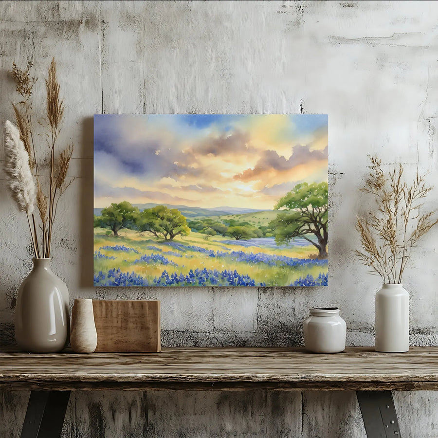 Texas Hill Country Landscape Canvas | Watercolor Bluebonnet Field Art | Premium Gallery Wrapped Decor | Nature Lover Living Room Gift