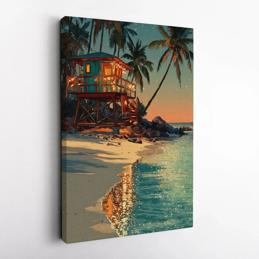 Tropical Beach Canvas Wall Art | Sunset Lifeguard Tower with Fairy Lights | Premium Gallery-Wrapped Print | Coastal Home Office Decor Gift