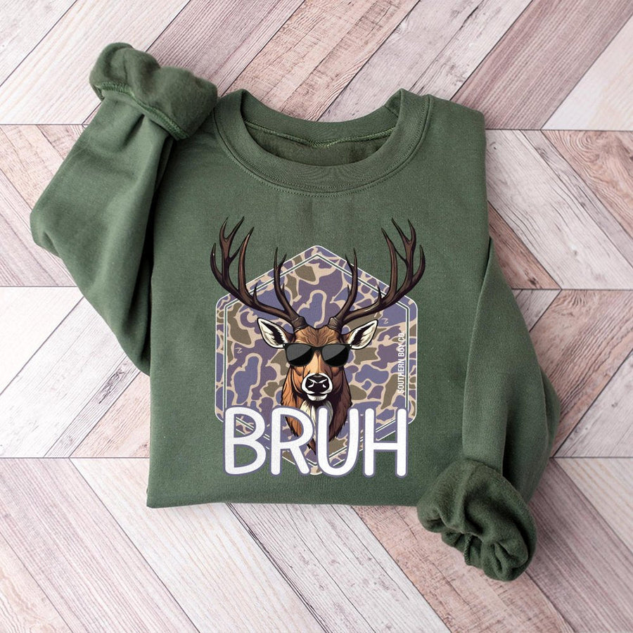 Funny Buck Deer Sweatshirt | Bruh Camo Graphic Print | Premium Cotton Blend | Unisex Hunting Gift for Outdoorsmen
