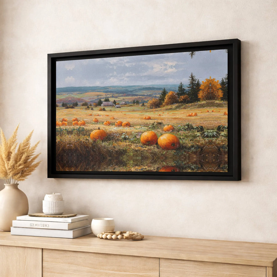Autumn Pumpkin Patch Canvas Wall Art | Rustic Farm Landscape Painting | Premium Gallery Wrap Print | Seasonal Fall Home Decor Gift