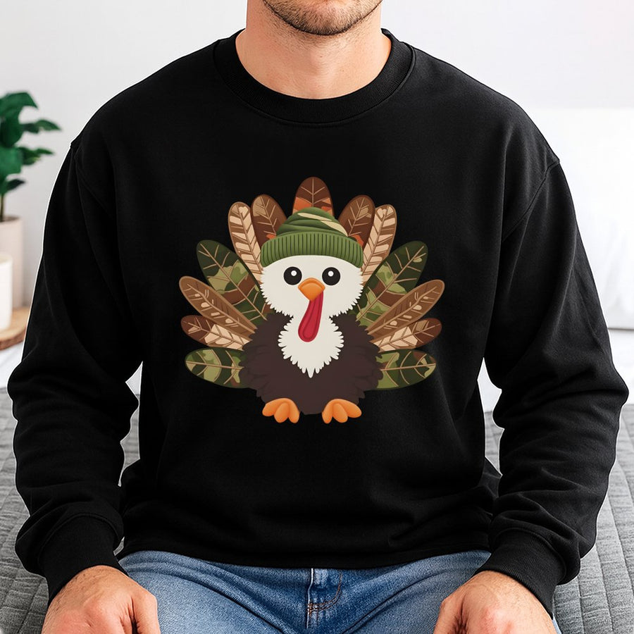 Thanksgiving Turkey Sweatshirt | Cute Camo Beanie Graphic Design | Cotton Blend Premium Crewneck | Unisex Fall Holiday Gift for Men and Women