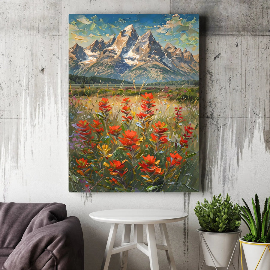 Grand Teton Mountain Canvas Wall Art | Impressionist Wildflower Landscape Print | Thick Gallery Wrap Canvas | Rustic Cabin Decor Gift for Nature Lover