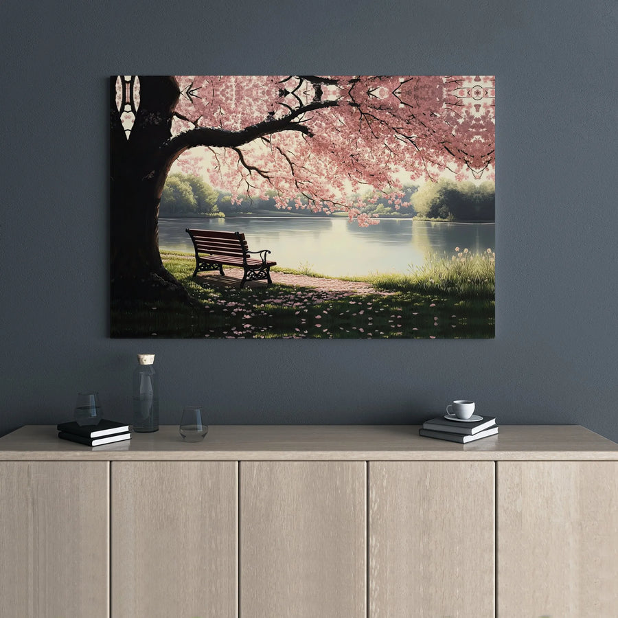 Cherry Blossom Canvas Wall Art | Peaceful Lake Landscape with Park Bench | 1.25-Inch Premium Gallery Wrap | Serene Nature Home Decor Gift