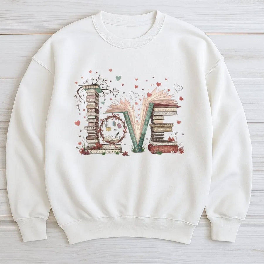 Book Lover Sweatshirt | Romantic Stacked Books LOVE Design | Premium Cotton Blend | Gift for Readers, Librarians, Bookish Aesthetic