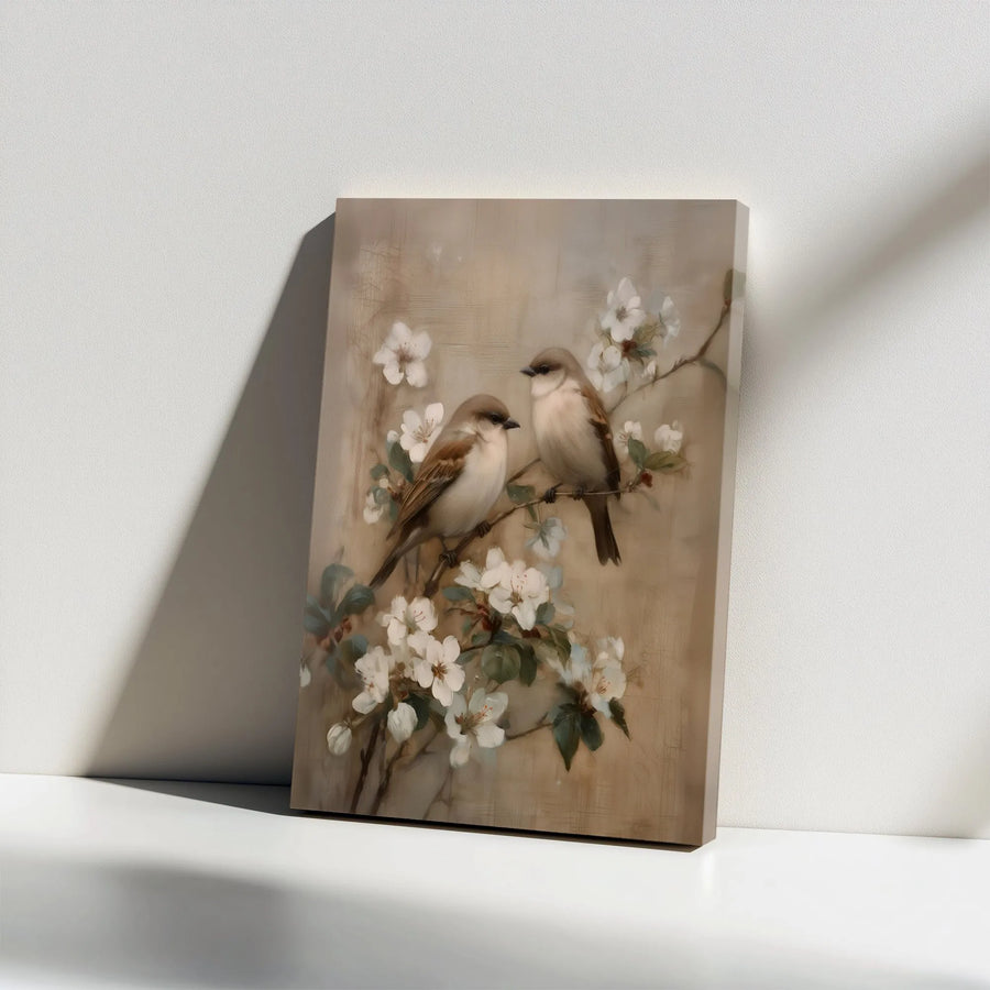 Vintage Bird Painting Vertical Canvas | Sparrow and Blossom Branch Art Print | Premium Gallery Wrapped Canvas | Farmhouse Living Room Decor Gift