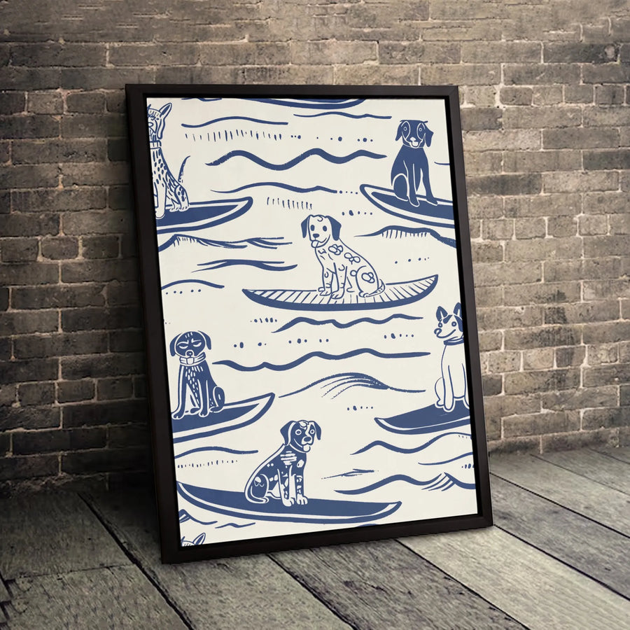 Surfing Dog Wall Art | Coastal Blue and White Puppy Print | Premium Gallery Wrapped 1.25" Canvas | Beach House Decor for Dog Lovers