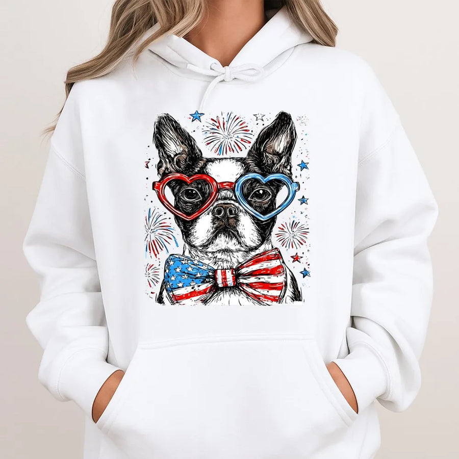 Patriotic Boston Terrier Hoodie | American Flag Bow Tie & Glasses Graphic | Soft Cotton Blend Pullover | 4th of July Gift for Dog Lover