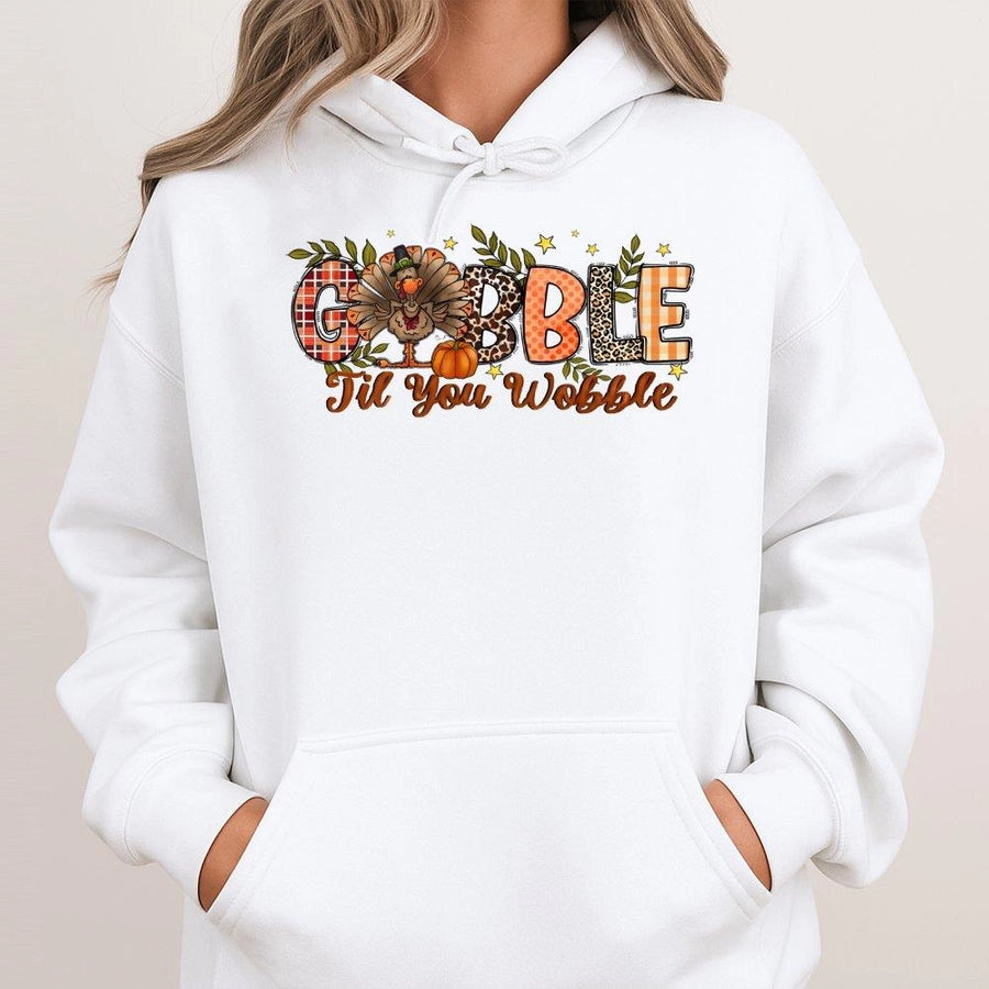 Gobble Til You Wobble Thanksgiving Hoodie | Cute Turkey Fall Graphic Sweatshirt | Soft Premium Cotton Blend | Funny Holiday Gift for Women & Men