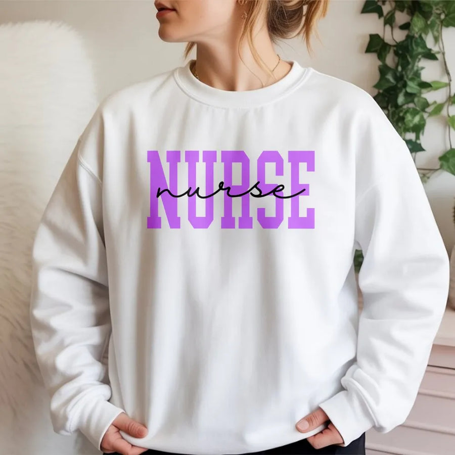 Nurse Sweatshirt | Collegiate Lettering Nurse Design | Premium Cotton-Poly Blend | Appreciation Gift for Nursing Students and RNs