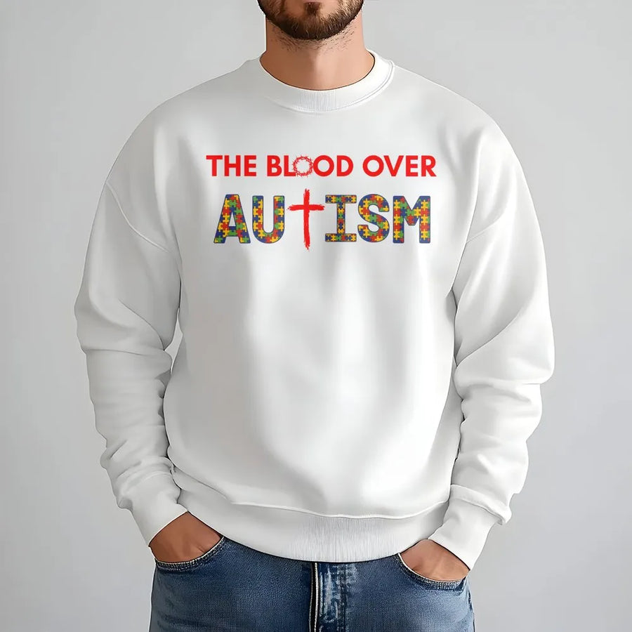 Blood Over Autism Sweatshirt | Christian Puzzle Piece Cross Graphic Tee | Soft Cotton-Poly Blend | Faith Based Autism Awareness Gift