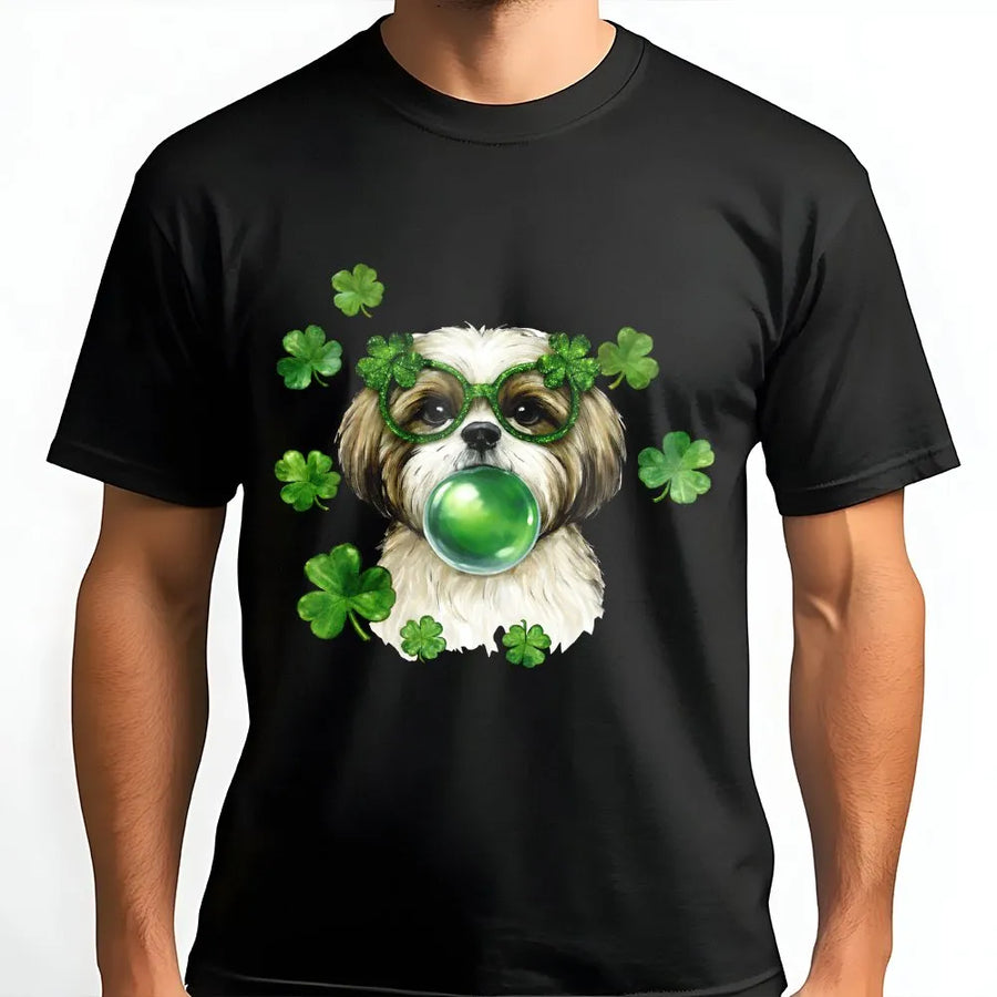 Shih Tzu St Patrick's Day T-Shirt | Funny Dog Blowing Bubble Gum Shamrock Glasses | Premium Soft Cotton Graphic Tee | Cute Pet Lover Gift Idea