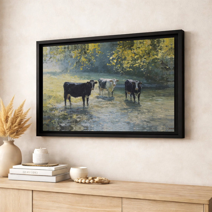 Cows in Stream Canvas Wall Art | Impressionist Farmhouse Landscape | Premium Gallery Wrapped Print | Rustic Country Home Decor Gift