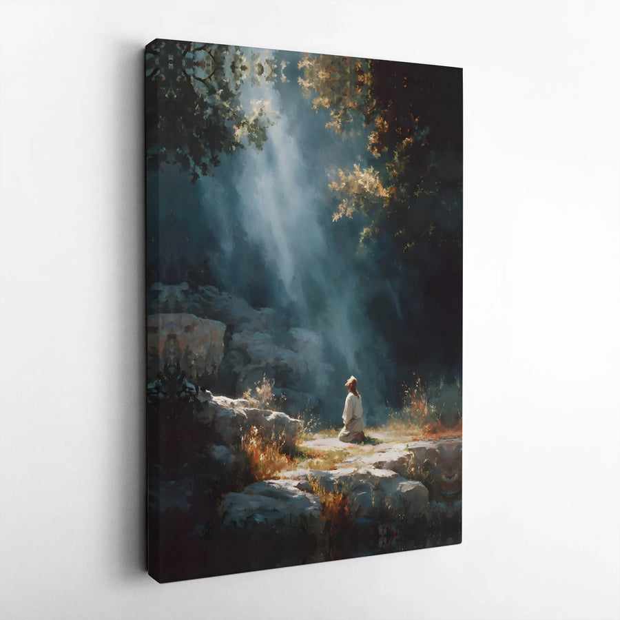 Jesus Kneeling in Prayer Canvas Wall Art | Divine Light Religious Decor | Premium Gallery Wrap Print | Christian Faith Home Gift