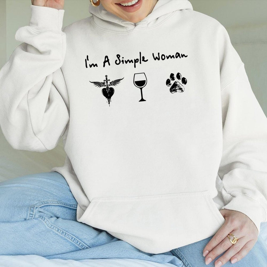 I'm A Simple Woman Hoodie | Wine Dog Mom Heart Design | Premium Cotton Blend Pullover | Funny Gift For Her Animal Lover