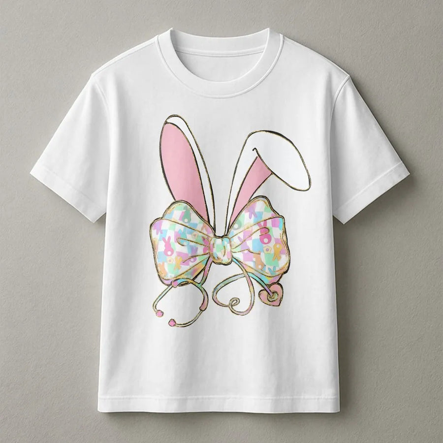 Nurse Easter T-Shirt | Coquette Bunny Ears Stethoscope Design | Premium 100% Cotton | Cute Nursing Student & RN Holiday Gift