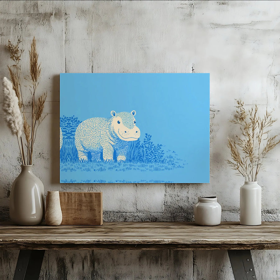 Baby Hippo Canvas Wall Art | Two-Tone Modern Illustration | Premium Gallery Wrapped Print | Cute Nursery Decor & Kids Room Gift
