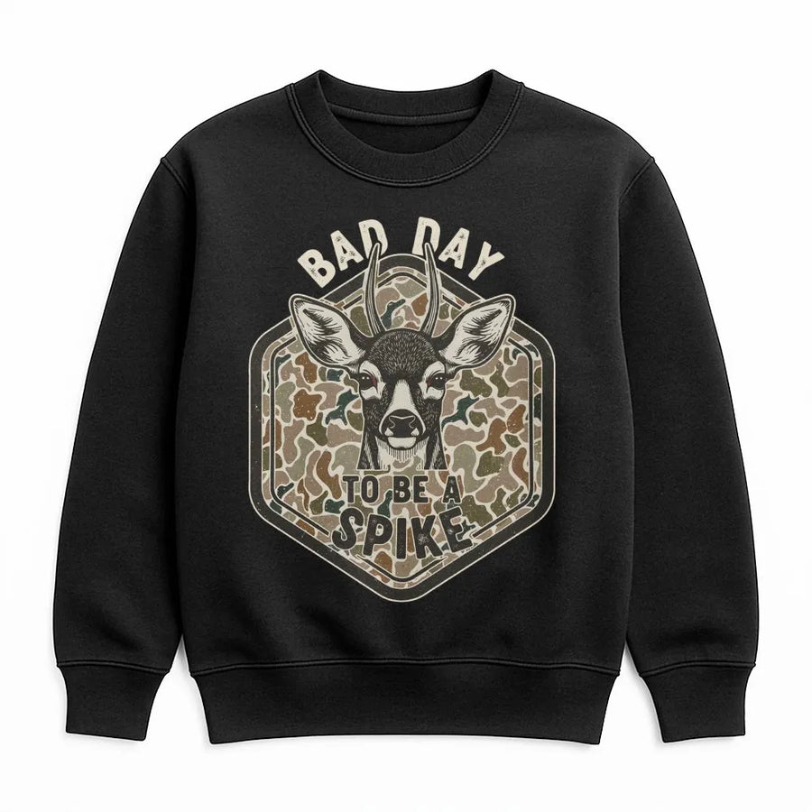 Bad Day To Be A Spike Sweatshirt | Camo Deer Hunting Graphic | Premium Cotton Blend | Gift For Hunters And Outdoorsmen