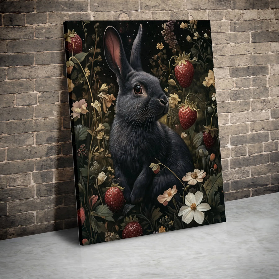Black Rabbit Wall Art | Whimsical Strawberry Garden Illustration | Gallery Quality Framed Canvas | Cottagecore Aesthetic Home Decor Gift