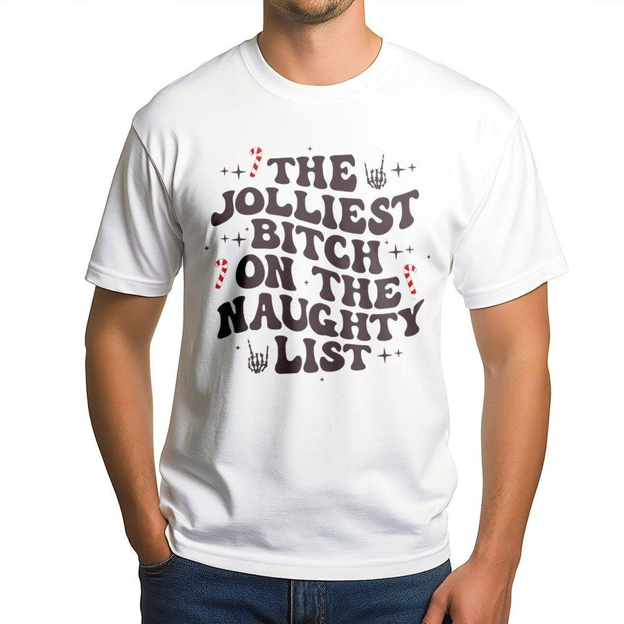 Jolliest Bitch On The Naughty List T-Shirt | Funny Christmas Retro Graphic | Premium Soft Cotton | Sarcastic Holiday Gift For Women