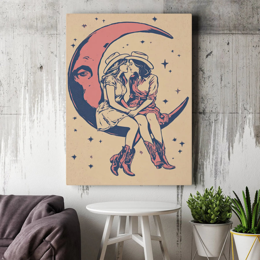 Lesbian Cowgirl Art Canvas | Romantic Western Moon Illustration | Premium Gallery Wrap Decor | LGBTQ Pride Bedroom Gift
