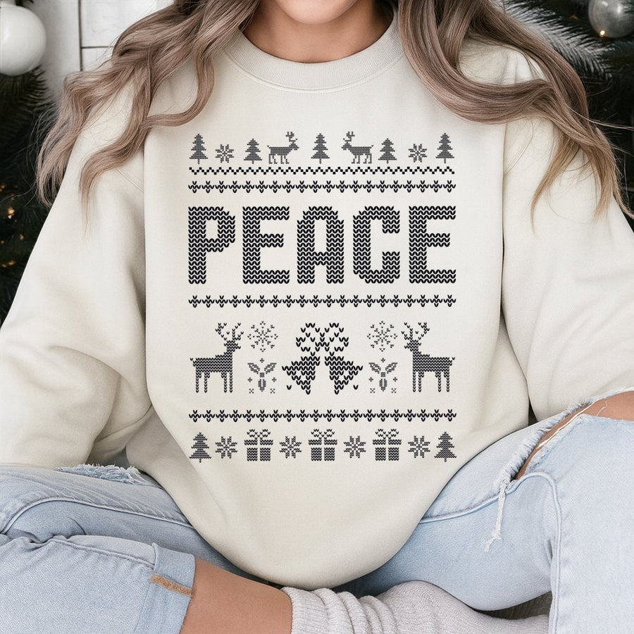 Peace Ugly Christmas Sweatshirt | Reindeer Snowflake Holiday Graphic | Premium Cotton Blend | Matching Couples Xmas Gift