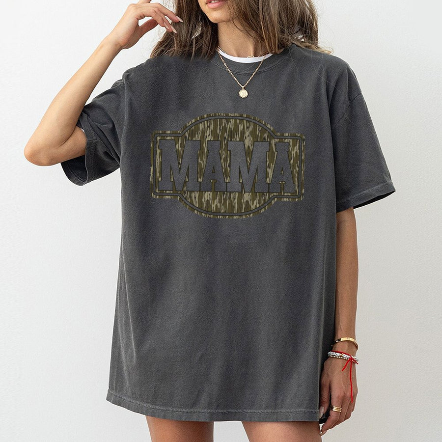 Mama Camo Print T-Shirt | Retro Woodland Pattern Graphic | Premium 100% Cotton Comfort | Trendy Gift for New Moms and Wife