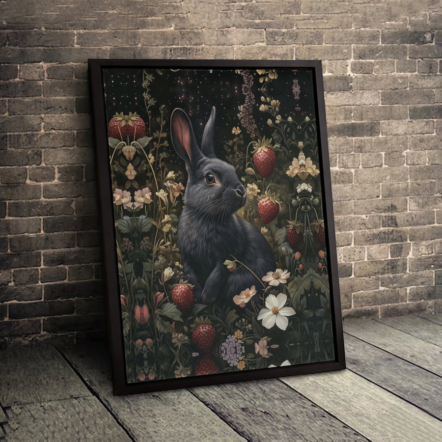 Black Rabbit Canvas Wall Art | Whimsical Strawberry Garden Night Scene | Premium Gallery Wrap Print | Cottagecore Home Decor Gift