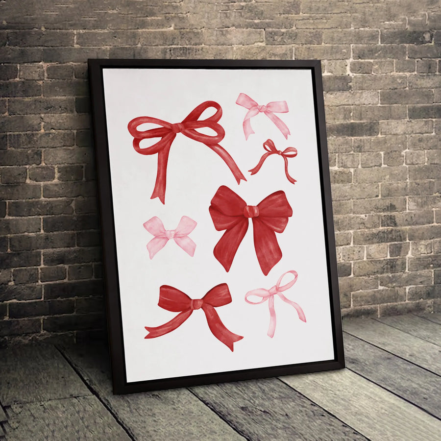 Watercolor Bows Wall Art | Red and Pink Ribbon Aesthetic Decor | Gallery Quality Premium Canvas | Coquette Style Home Gift