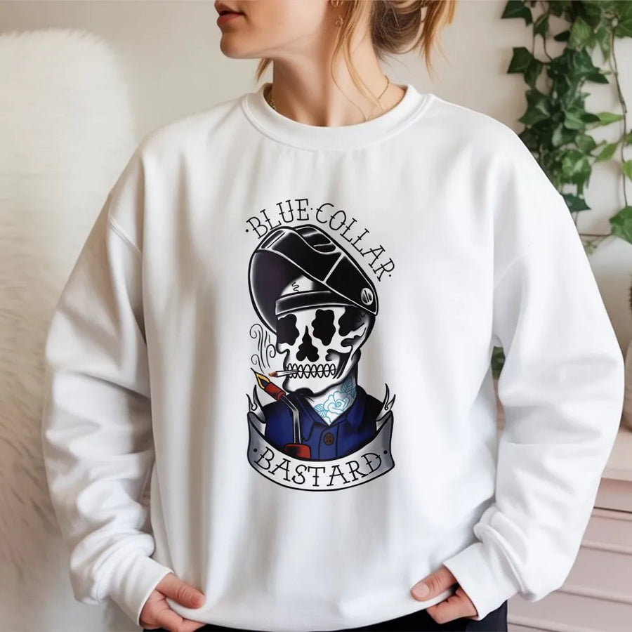 Blue Collar Welder Sweatshirt | Edgy Skull Welding Mask Graphic | Premium Cotton Blend | Gift for Construction Workers & Tradesmen
