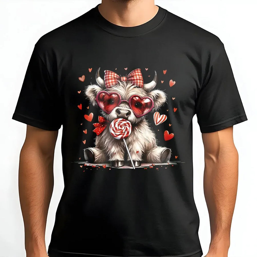 Valentine Highland Cow T-Shirt | Heart Glasses Coquette Aesthetic Design | Premium Soft Cotton Tee | Cute Farm Animal Valentine Gift for Her