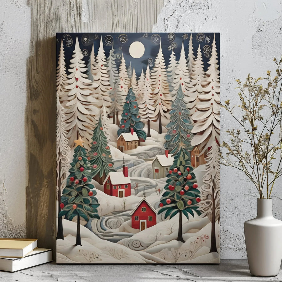 Christmas Village Canvas Print | Snowy Forest Winter Landscape Wall Art | Gallery Wrapped Premium Decor | Cozy Holiday Home Gift