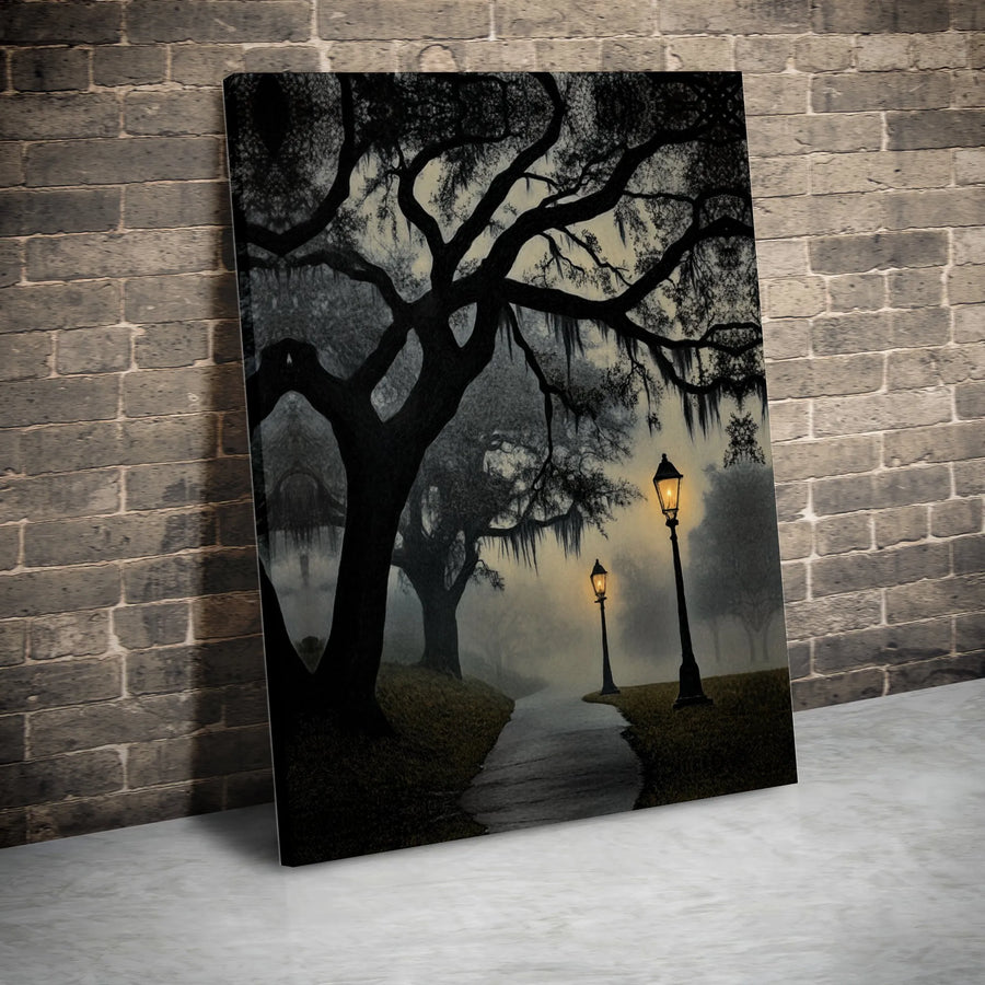Foggy Southern Oak Tree Canvas Wall Art | Atmospheric Spanish Moss Landscape | Premium Gallery Wrap Print | Moody Home Office Decor Gift