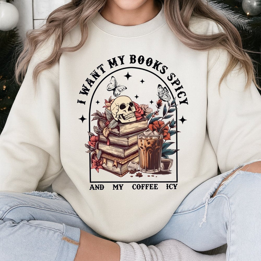 Spicy Books Icy Coffee Sweatshirt | Gothic Skull Bookish Reader Graphic | Premium Cotton Blend Cozy Pullover | Literary Gift for Book Lovers