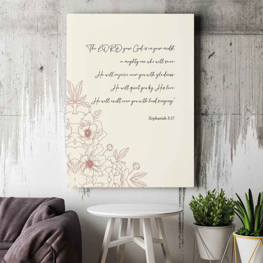 Zephaniah 3:17 Canvas Print | Floral Line Art Bible Verse Wall Decor | Premium 1.25" Gallery Wrap | Inspirational Christian Gift for Home
