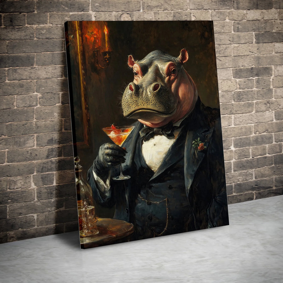 Sophisticated Hippo in Tuxedo Wall Art | Whimsical Animal Portrait | Premium Gallery-Wrapped Canvas | Unique Gift for Bar Decor Enthusiasts
