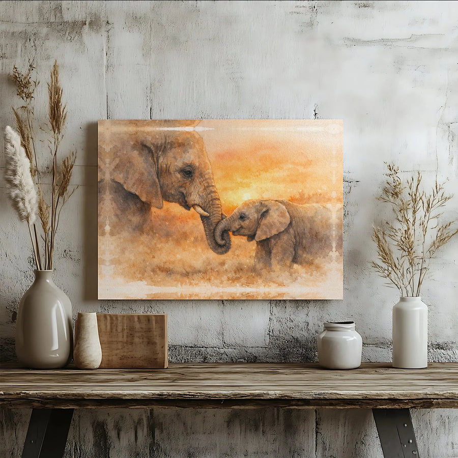Elephant Mother and Baby Canvas Wall Art | Watercolor Safari Sunset Painting | Premium Gallery Wrapped Print | Nursery Decor Gift for Mom
