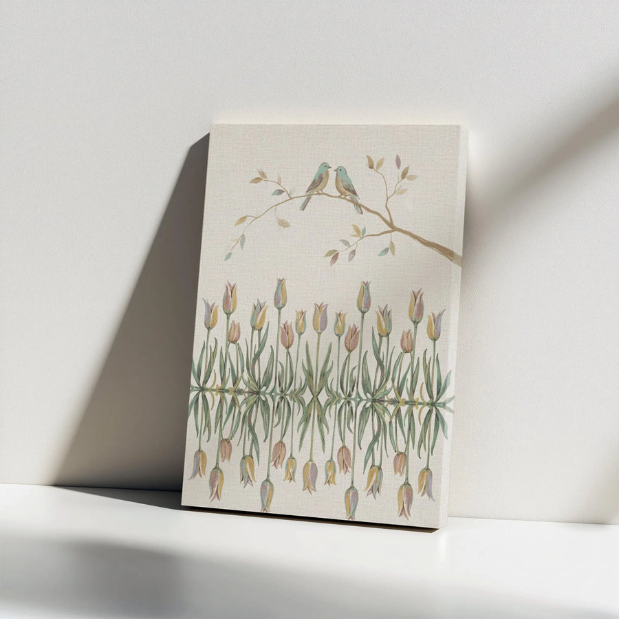 Bird and Tulip Floral Canvas Print | Botanical Reflection Wall Art | 1.25-Inch Gallery Wrap | Premium Nature Home Decor Gift