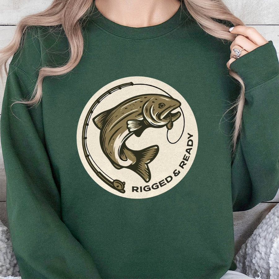 Fishing Sweatshirt Rigged & Ready | Bass Fish Graphic Design | Soft Cotton Blend Premium Pullover | Gift for Angler Fisherman Outdoor Enthusiast