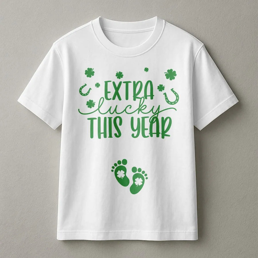 Extra Lucky This Year T-Shirt | St. Patrick’s Day Pregnancy Announcement | Soft Cotton Maternity Tee | Cute Shamrock Baby Feet Gift For Mom