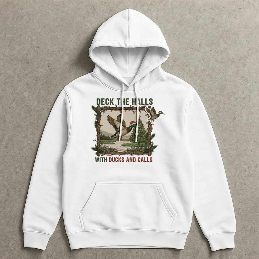 Duck Hunting Christmas Hoodie | Deck The Halls With Ducks And Calls Design | Premium Unisex Pullover | Funny Hunter Gift For Christmas