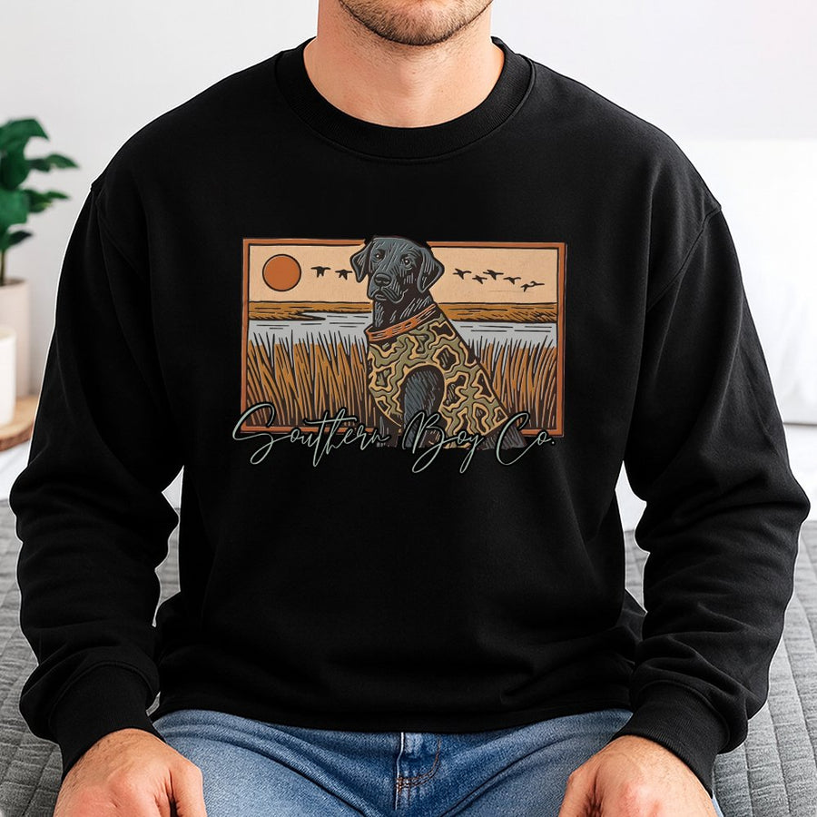 Black Lab Marsh Sweatshirt | Hunting Dog Graphic Print | Premium Cotton Blend | Unisex Country Life Gift for Dog Lovers