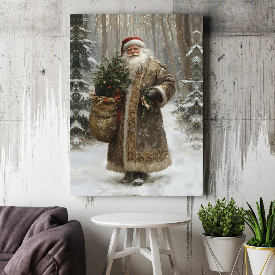 Vintage Santa Claus Wall Art | Snowy Forest Christmas Tree Canvas Print | 1.25 Inch Gallery Wrap | Classic Holiday Home Decor Gift