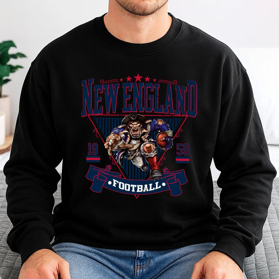 New England 1959 Football With Aggressive Patriot Mascot Sweatshirt